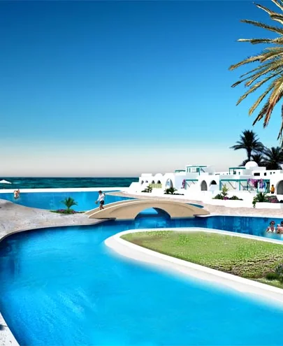 The lagoon of the Djerba-Afous village, its footbridge and white houses